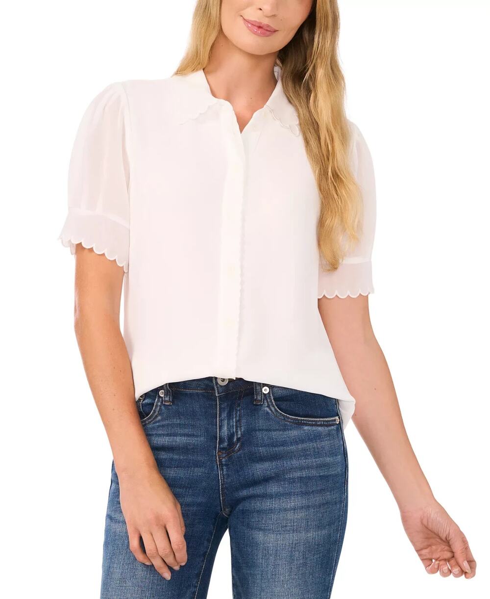 CeCe Women's Scalloped Puff-Sleeve Button-Front Top Ivory Size XL 3765